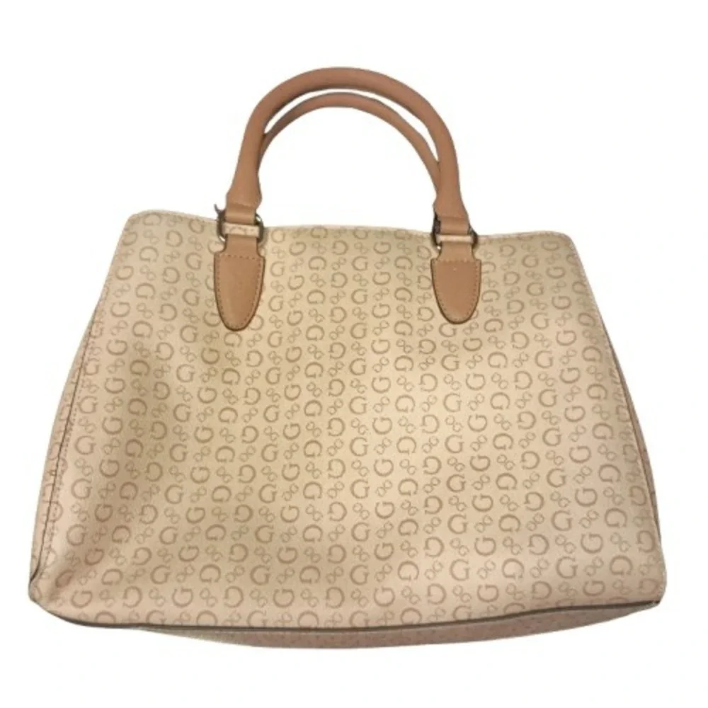 Guess Logo Print Satchel Handbag Beige Tan Convertible Strap‎ Top Handle Bag